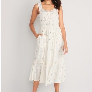 Sleeveless Waist-Defined Embroidered Clip-Dot Maxi Dress w/ pockets Size L Tall